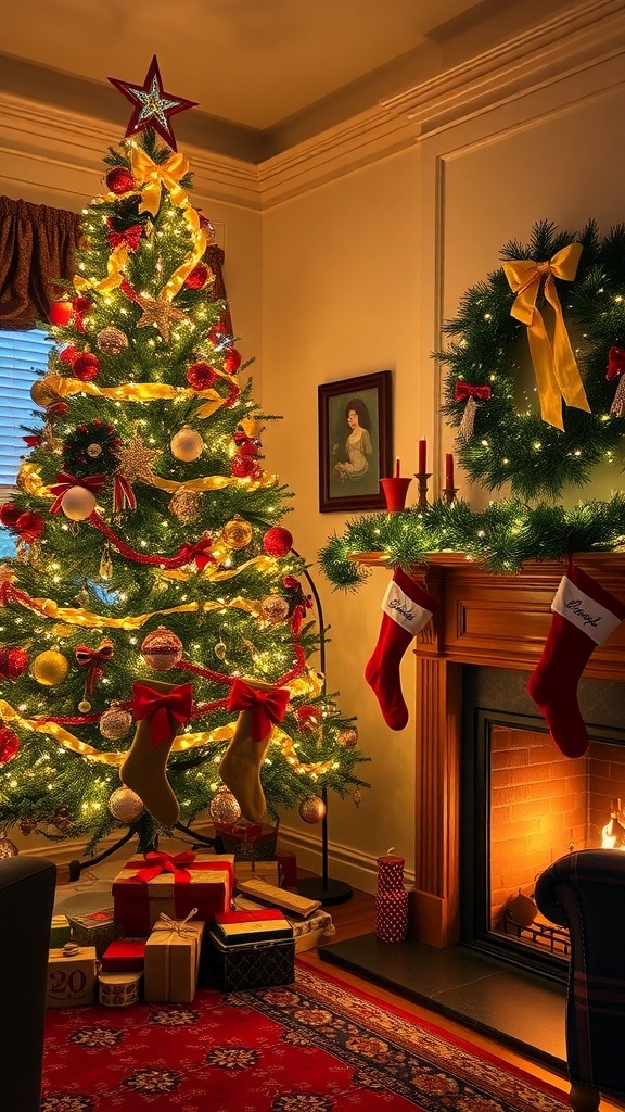Merry Christmas Quotes and Images A cozy Christmas living room with a decorated tree, stockings, and a fireplace.
